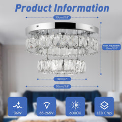 Crystal LED Ceiling Light 30cm, Modern Flush Mount Chandelier 30W