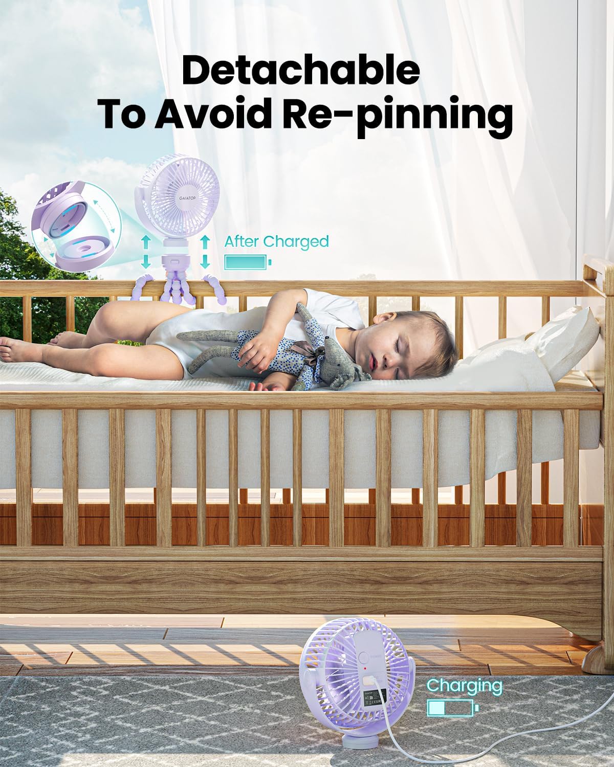 Gaiatop Mini Electric Fan with 360 Rotation, 5.5mm Gaps, Rechargeable Battery, 3 Speeds, Purple