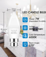 7W B22 LED Candle Bulbs – 60W Equivalent, Cool White 6000K