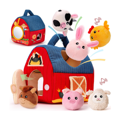 Hahaland Baby Toys 6–12 Months – Farm Animal Sensory Set with Barn, Rattle, Crinkle Paper & Mirror – Montessori Busy Toys for Infants & Toddlers 1–3 Years