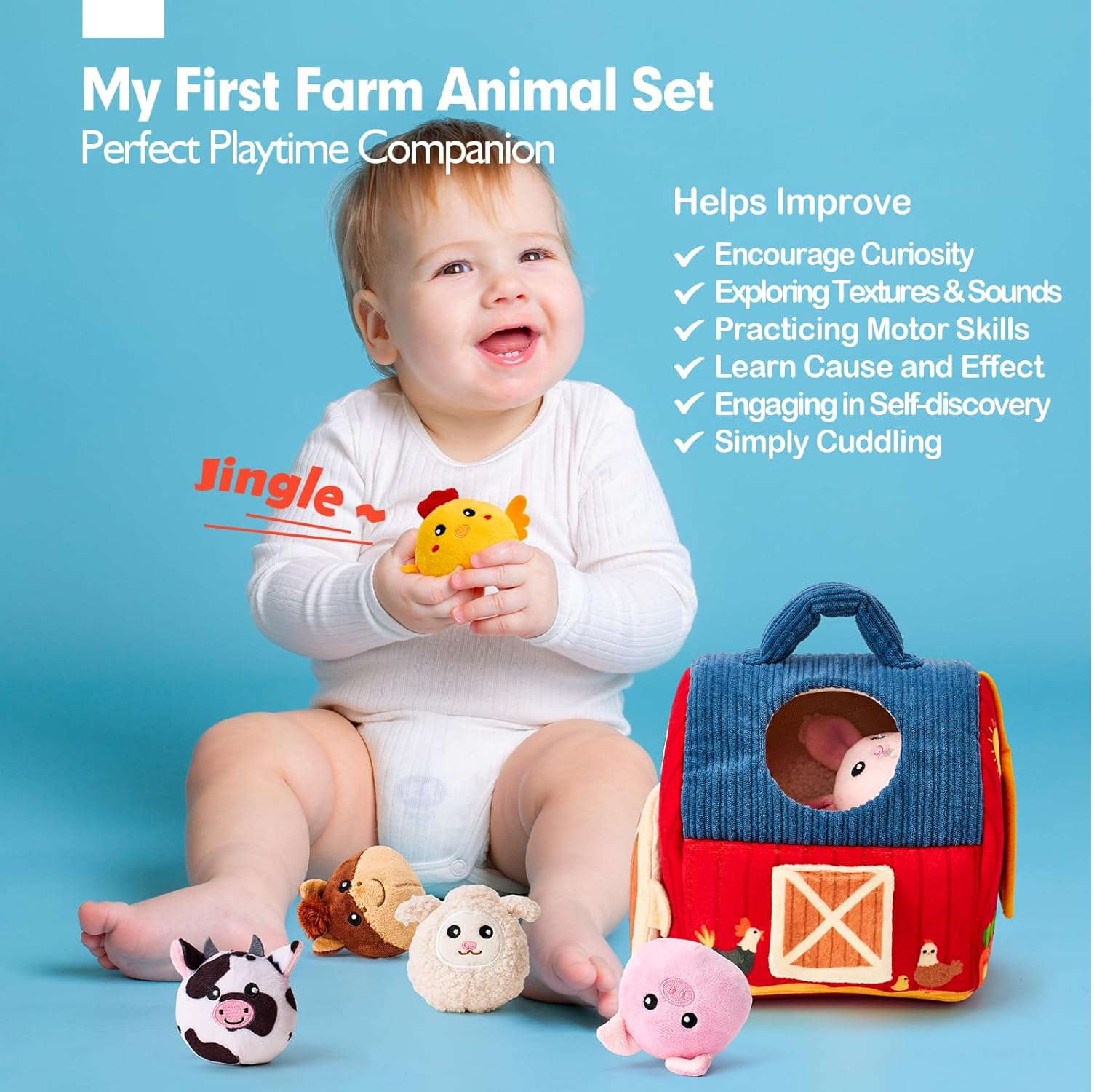 Hahaland Baby Toys 6–12 Months – Farm Animal Sensory Set with Barn, Rattle, Crinkle Paper & Mirror – Montessori Busy Toys for Infants & Toddlers 1–3 Years