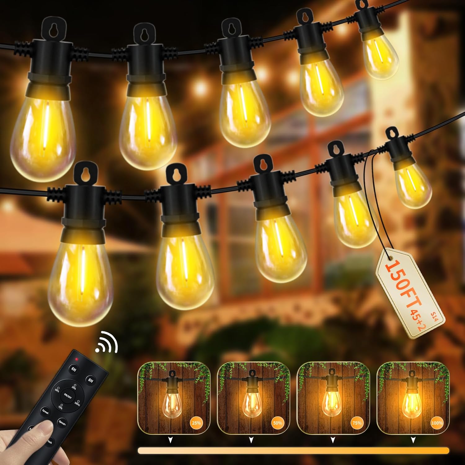 150ft Outdoor Festoon Lights with Remote & Dimmable LEDs