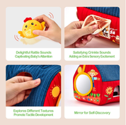Hahaland Baby Toys 6–12 Months – Farm Animal Sensory Set with Barn, Rattle, Crinkle Paper & Mirror – Montessori Busy Toys for Infants & Toddlers 1–3 Years