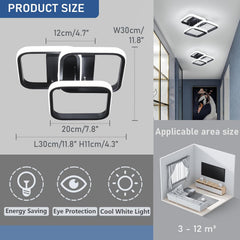 Ceiling light fixture with dimensions, energy saving, eye protection, and cool white light features, shown in a room setting.