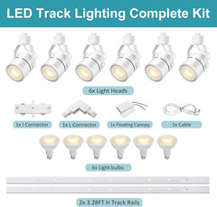 LED track lighting complete kit with light heads, connectors, cables, and light bulbs on a white background.