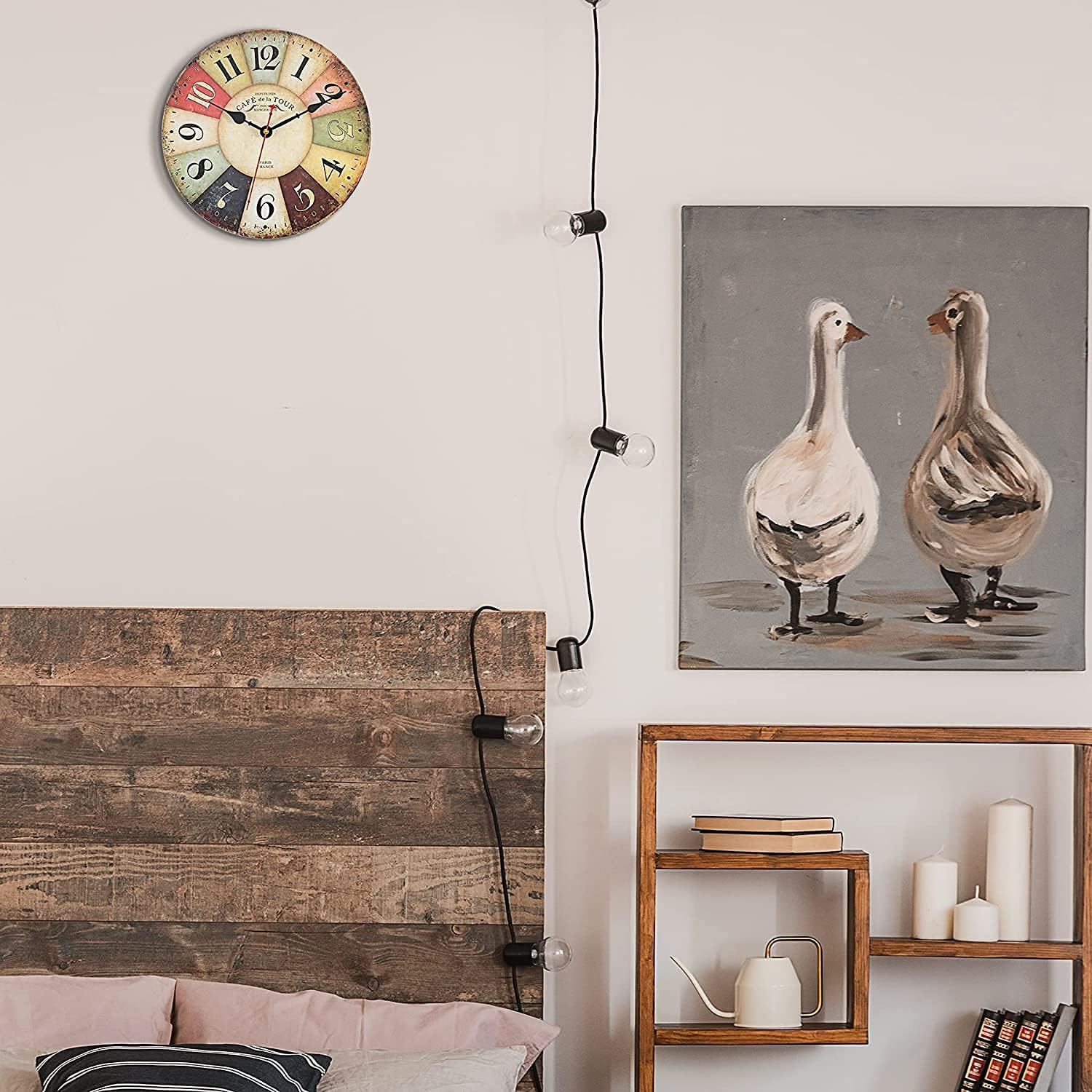 Vintage 30cm French Country Wooden Wall Clock, Silent Non-Ticking Rustic Design