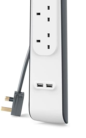4 Way Extension Lead with 2 USB Ports 2.4A – 2M Surge Protected Power Strip, White