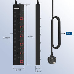 6 Way Extension Lead with Individual Switches – 5M Surge Protected Power Strip, 13A, Black
