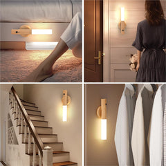 Wooden Wall Light with Motion Sensor - USB Rechargeable, Warm White Wall Lamp with Switch