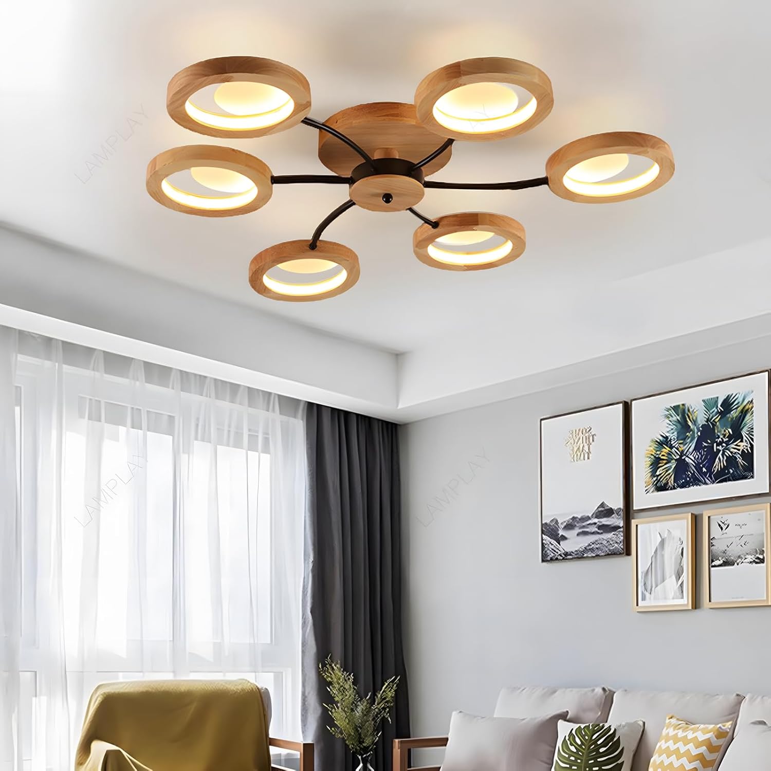 94cm LED Wooden Ceiling Light – Dimmable with Remote, Flower Design