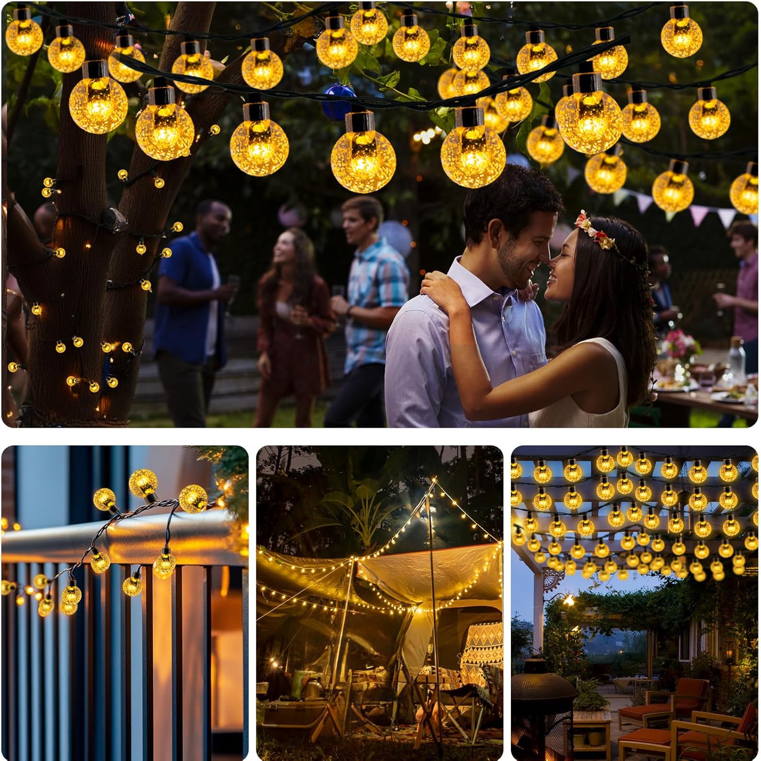 Solar Garden String Lights – 60 LED Crystal Ball, 12M, 8 Modes, IP65 Waterproof, Warm White