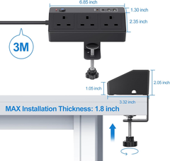 Desk Power Socket with USB C Fast Charging, 3M Extension Lead with Clamp