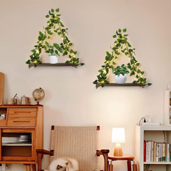 Set of 2 Macrame Hanging Shelves with Ivy & LED Lights – Rustic Boho Wall Décor