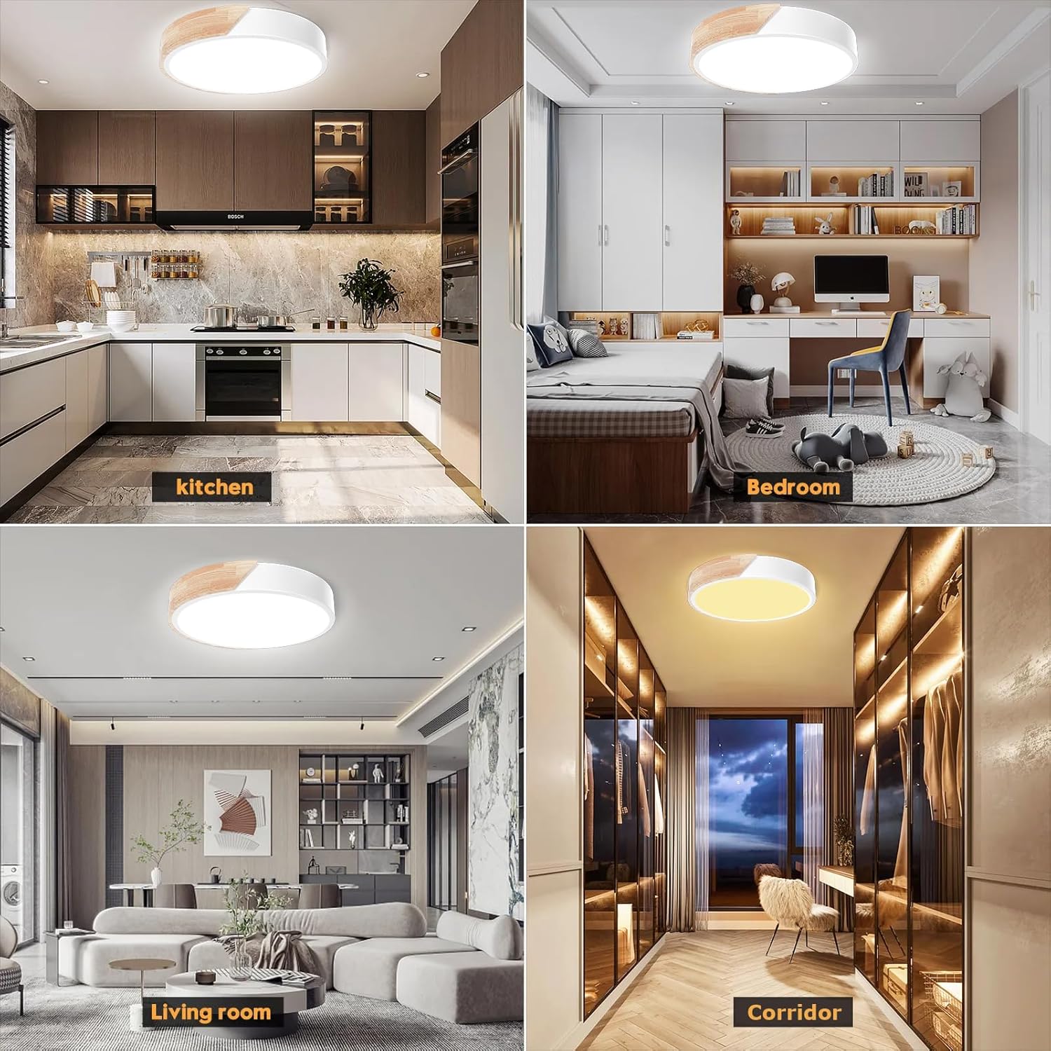 Wooden LED Ceiling Light, Dimmable Modern Fixture with Remote