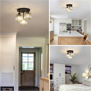 Modern Crystal Chandeliers Ceiling Light, 3-Lights Crystal Ceiling Lights Living Room, Black Semi Flush Ceilings Light Fittings for Hallway