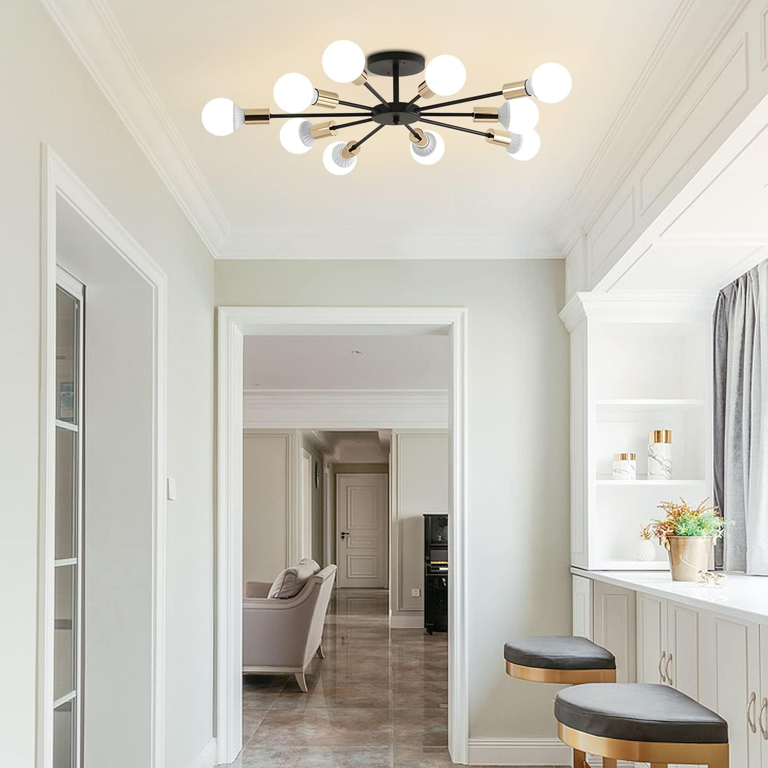 Sputnik Ceiling Light – 10-Light Matte Black Flush Mount Fixture