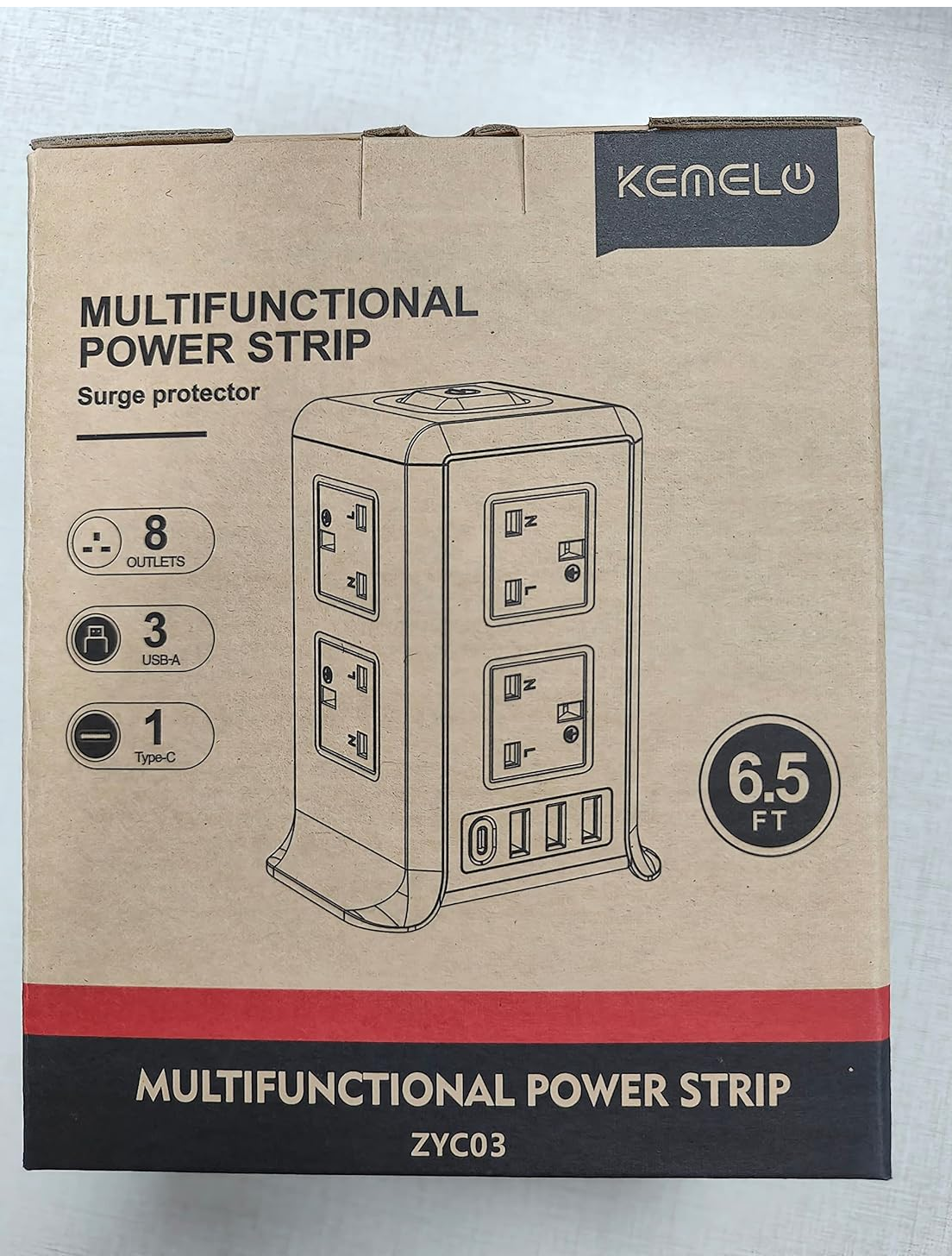 8 Way Tower Extension Lead with 4 USB Ports – 2M Cable, Surge Protected Power Tower