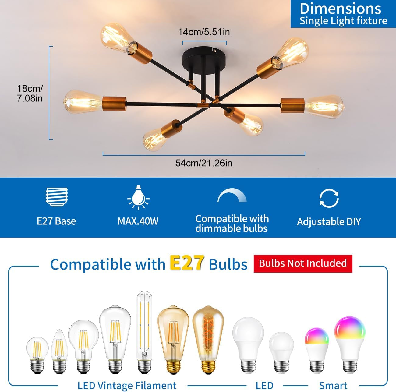 Modern 6-Light Gold Black Sputnik Ceiling Light, E27 Base