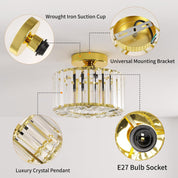 Gold Crystal Semi Flush Mount Ceiling Light, Modern Industrial Fixture