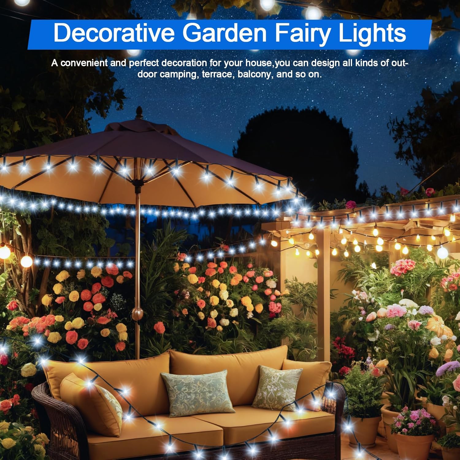 5M 50 LED Solar String Lights – Cool White, 8 Modes, Waterproof