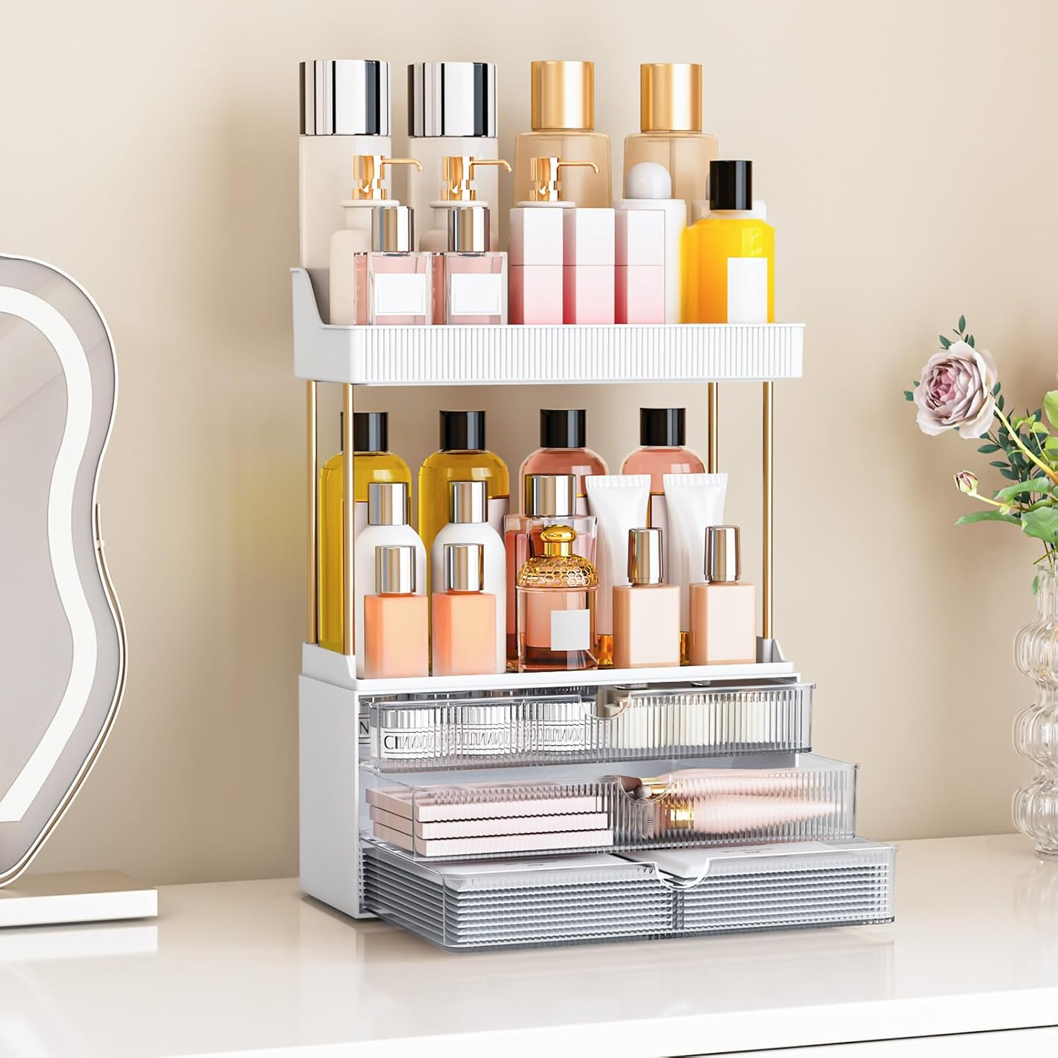 3 Tier Clear Cosmetic Organizer Large Vanity Storage with Drawers