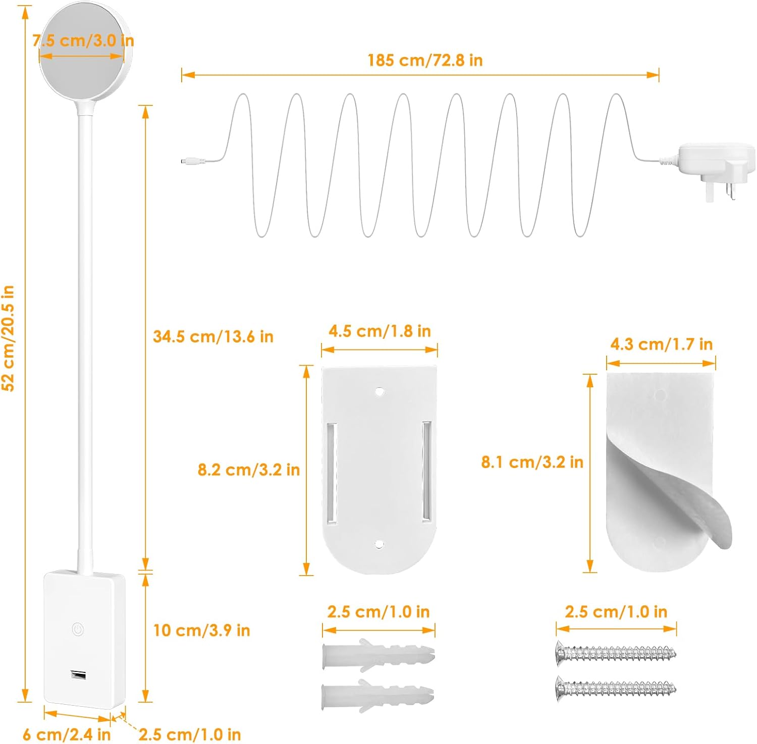 Touch Dimmable LED Wall Reading Lamp, 4 Brightness Levels & Wall Mounted Flexible Bedside Light, Neutral White