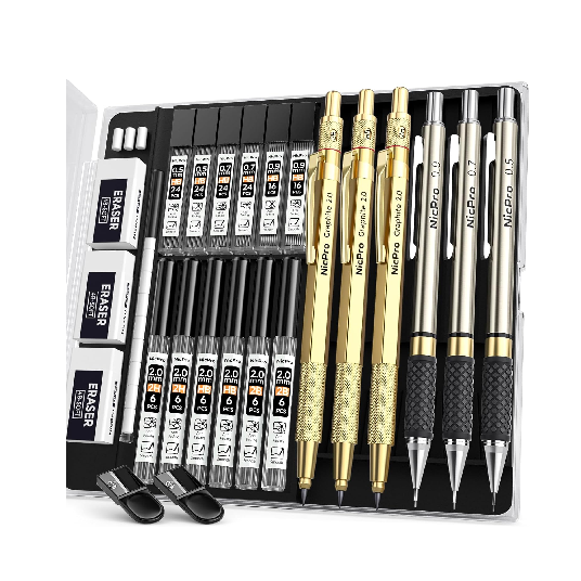 6PCS Mechanical Pencil Set – 0.5mm 0.7mm 0.9mm & 2mm Lead Holders with 12 Tube Refills