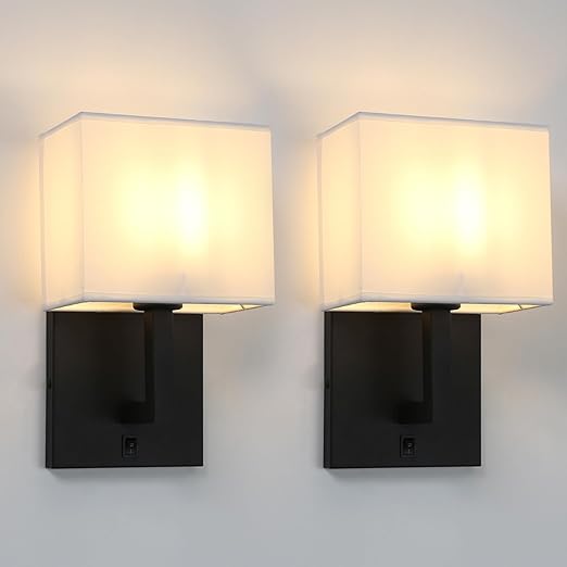 Vintage Wall Lights Set with Linen Shades, E27 Base