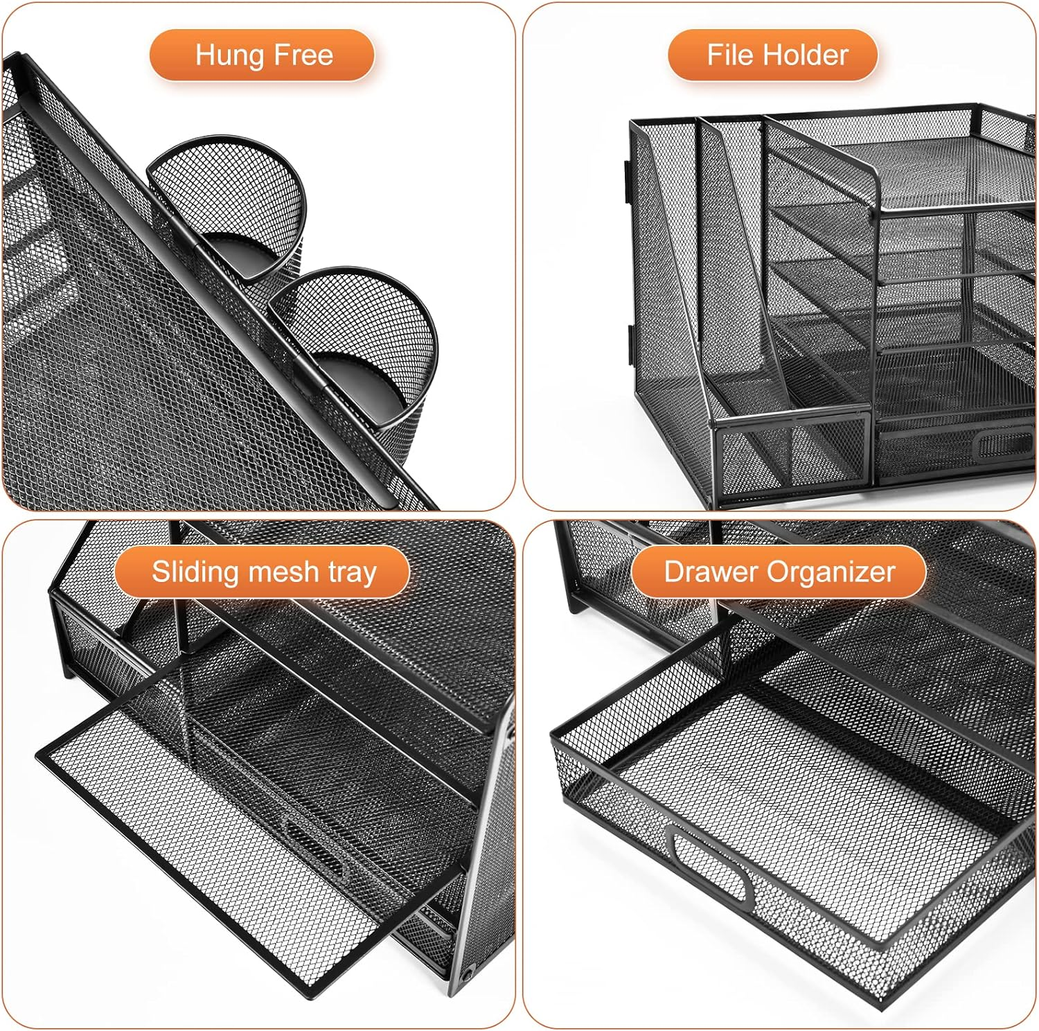 5-Tier Mesh Desk Organiser with Drawer & Pen Holders – File & Paper Tray Storage, Black