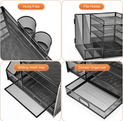 5-Tier Mesh Desk Organiser with Drawer & Pen Holders – File & Paper Tray Storage, Black