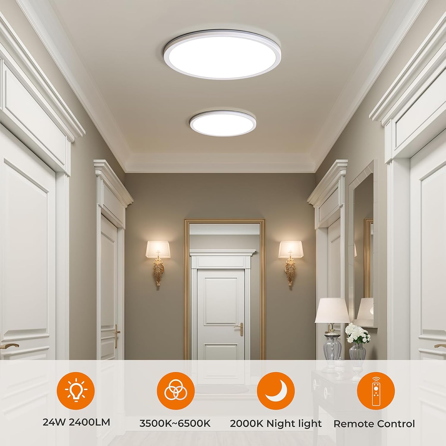LED Ceiling Light 24W Dimmable with Remote, 2000K-6500K Round Panel