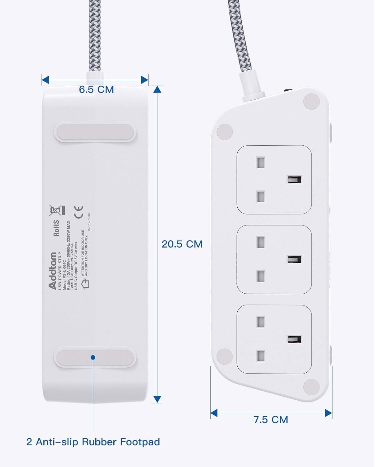 6 Way Extension Lead with 5 USB Ports (1 USB-C), 5M Braided Cable, 3250W Surge Protected