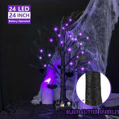 2FT Black Halloween Tree with Bats & Purple Lights