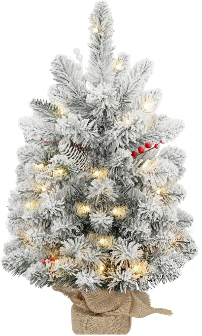 HOMCOM 60cm Prelit Snow Flocked Mini Christmas Tree with LEDs, Pine Cones & Berries