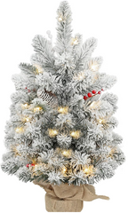 HOMCOM 60cm Prelit Snow Flocked Mini Christmas Tree with LEDs, Pine Cones & Berries