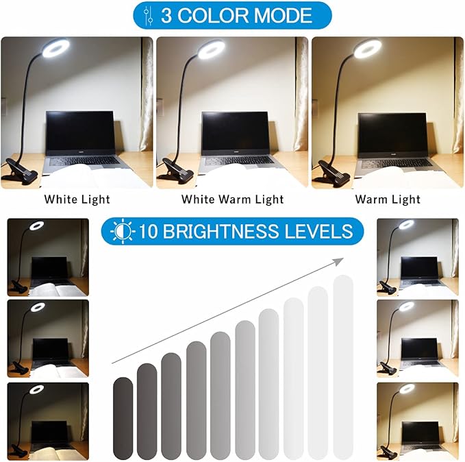 KNAMKY USB Clip-On Desk Lamp with Flexible Neck