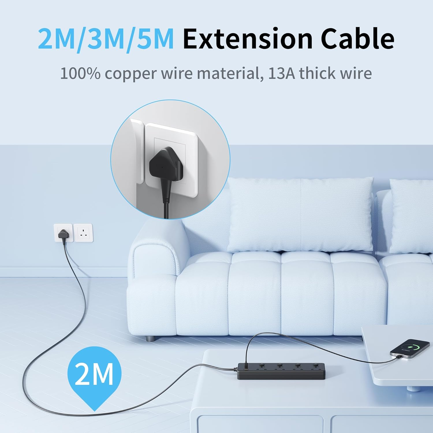 4 Way Extension Lead with 3 USB Ports 30W – 2M Surge Protected Power Strip, Black