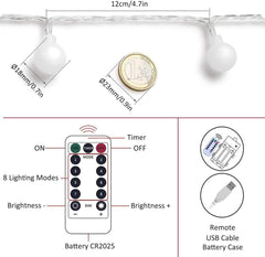 15M/49ft 100 LED Globe String Lights - USB/Battery Powered, 8 Modes, Remote & Timer, Christmas Home Decor