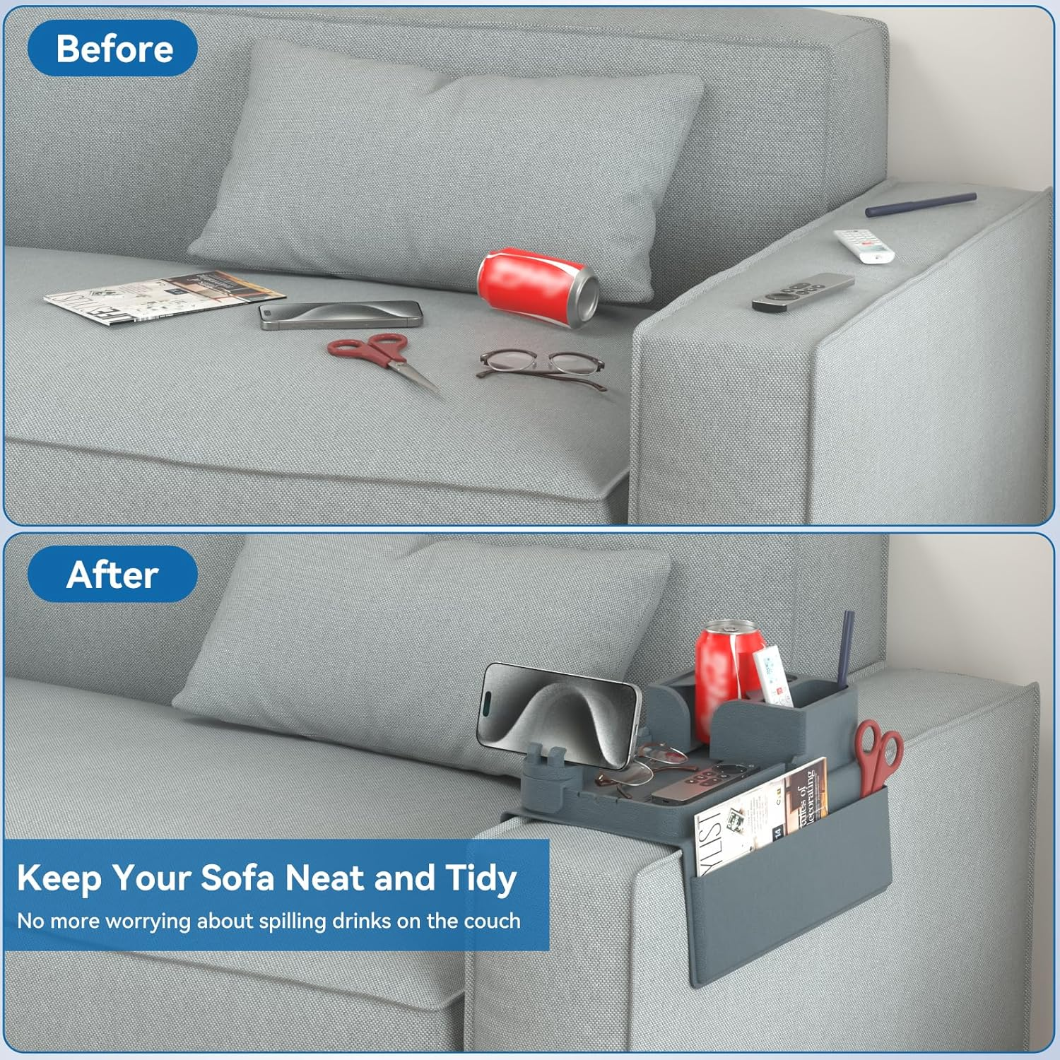 Couch Cup Holder Tray – Non-Slip Sofa Armrest Organizer with Cup & Phone Holder