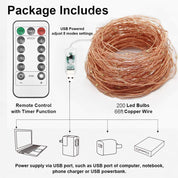 20M 200 LED Fairy String Lights – USB, Remote, 8 Modes, Warm White
