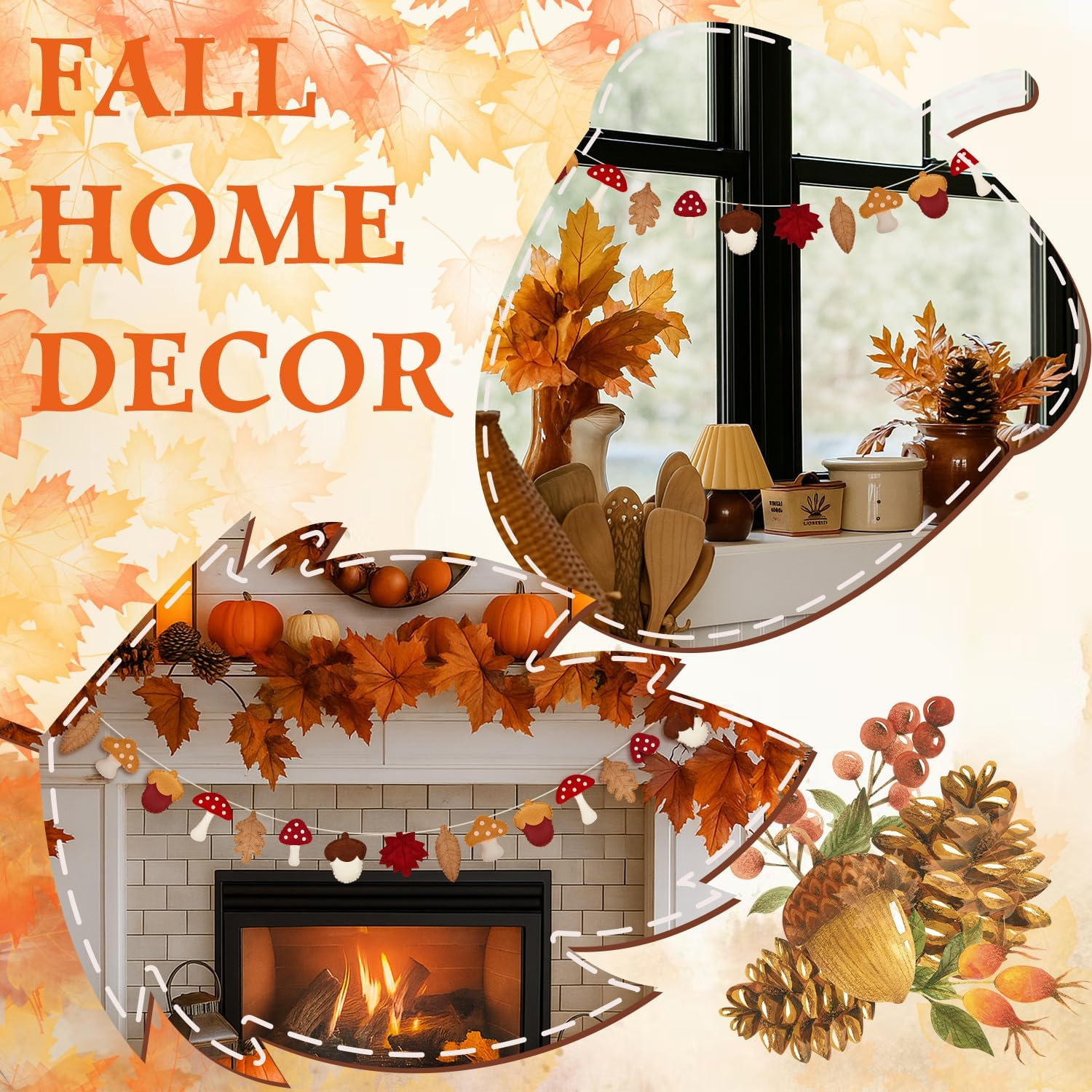 Lights4fun 1.3m Felt Autumn Garland – Cosy Fireplace Banner with Leaves & Mushrooms