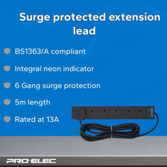 6 Gang 5M Extension Lead with Surge Protection, Black Power Strip – PELB1755