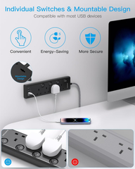 4-Way Extension Lead with 4 USB Ports (2 USB-C), 1.8M Cable & Individual Switches