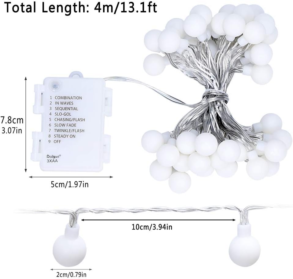 Battery Globe String Lights, 40 LEDs, 8 Modes, Waterproof