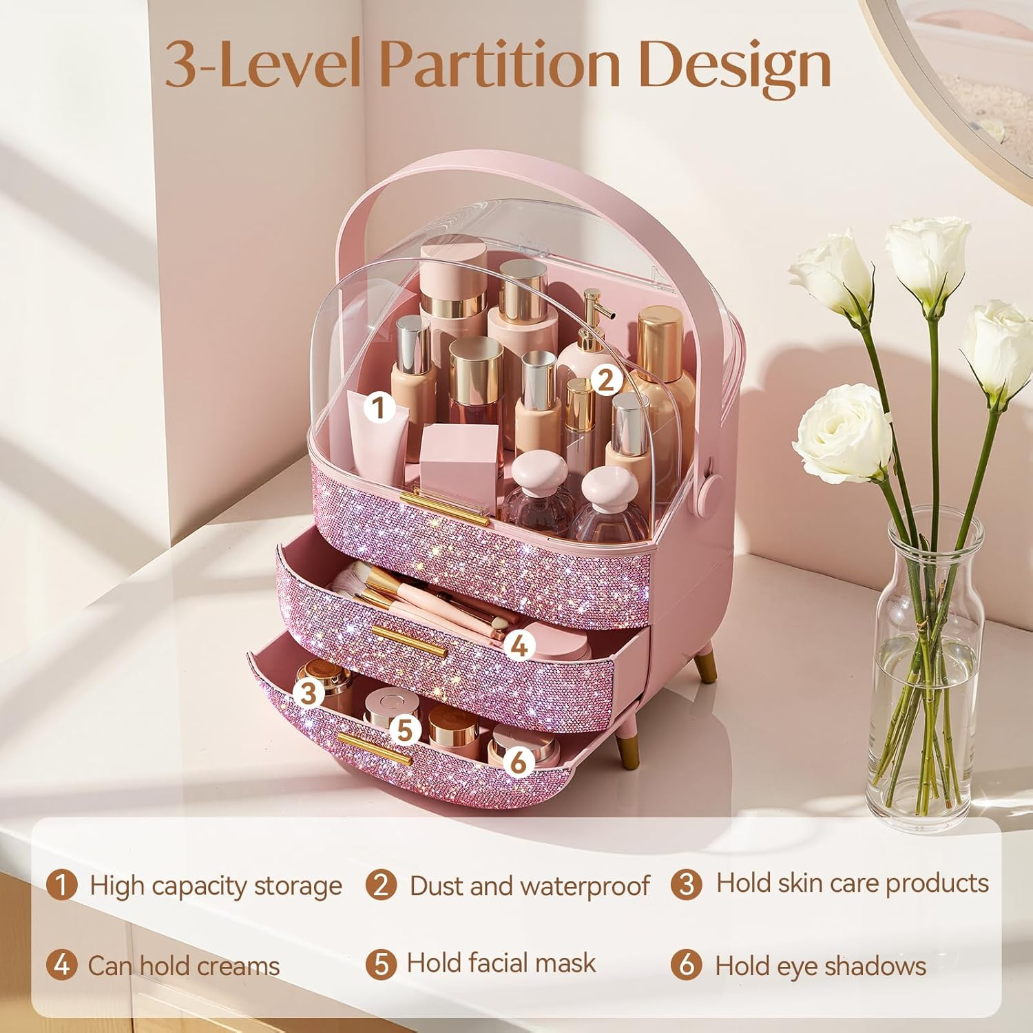 Rhinestone Pink Makeup Organizer with Drawers – Large Dustproof Cosmetic Box