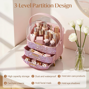 Rhinestone Pink Makeup Organizer with Drawers – Large Dustproof Cosmetic Box
