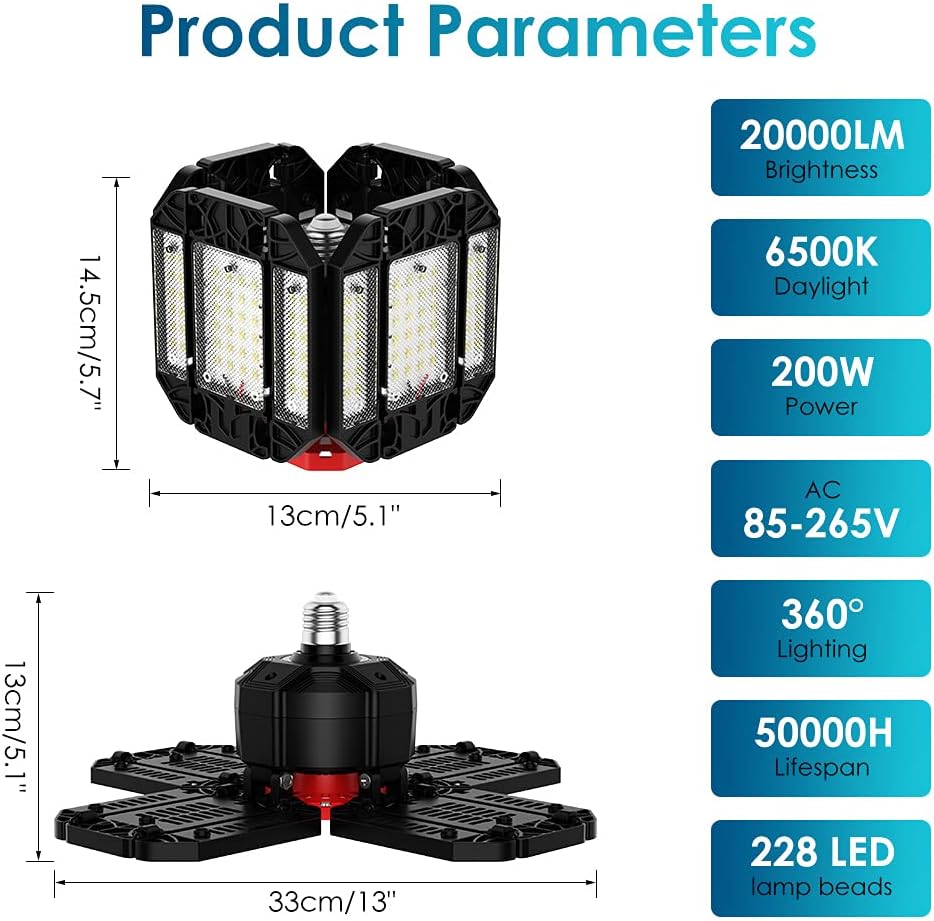 200W LED Garage Light 1 Pack - 20000LM 6500K Deformable Ceiling Lighting Fixture with 12 Adjustable Panels - E26/E27 Bay Light for Basement