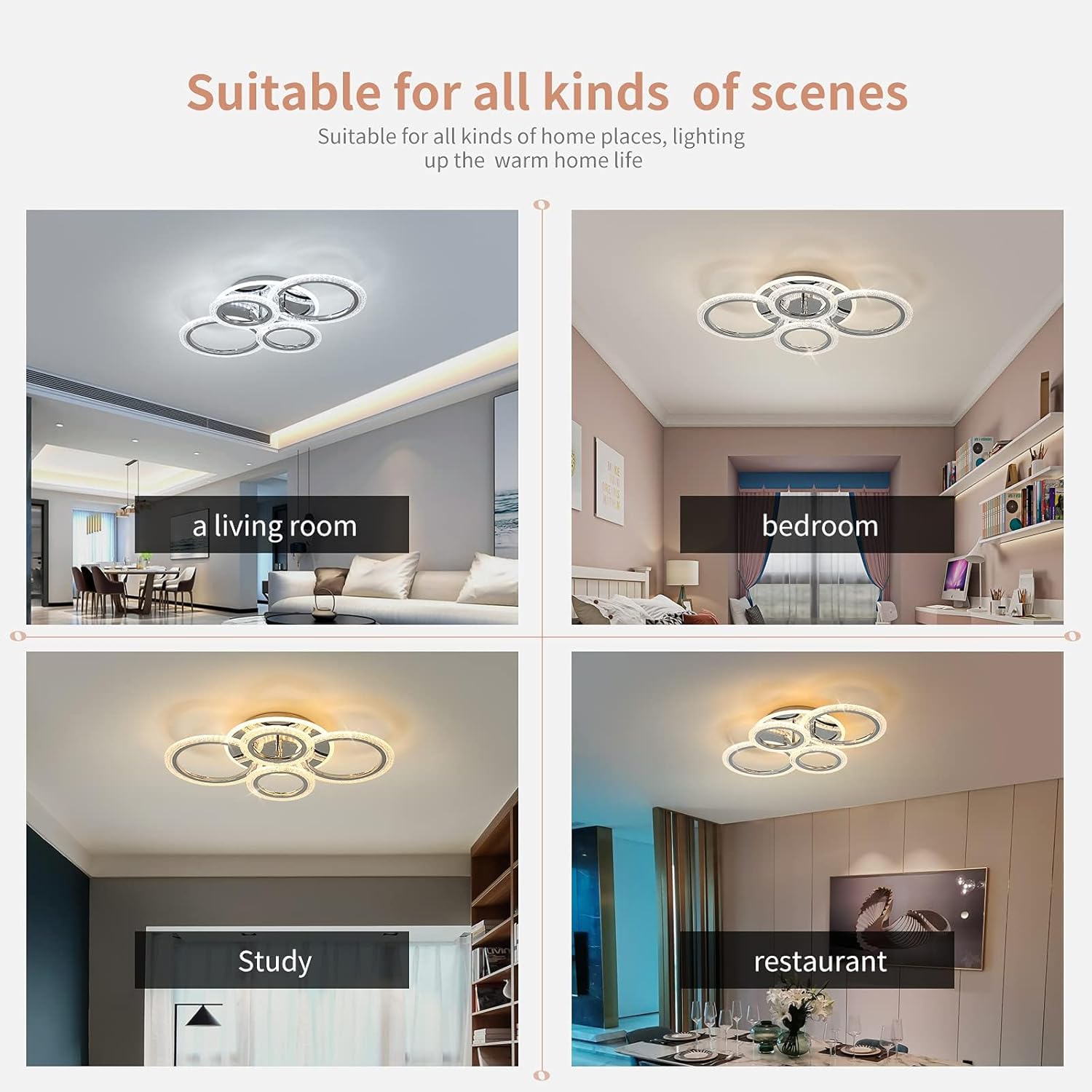 Modern 4-Ring LED Ceiling Light 58W Dimmable with Remote