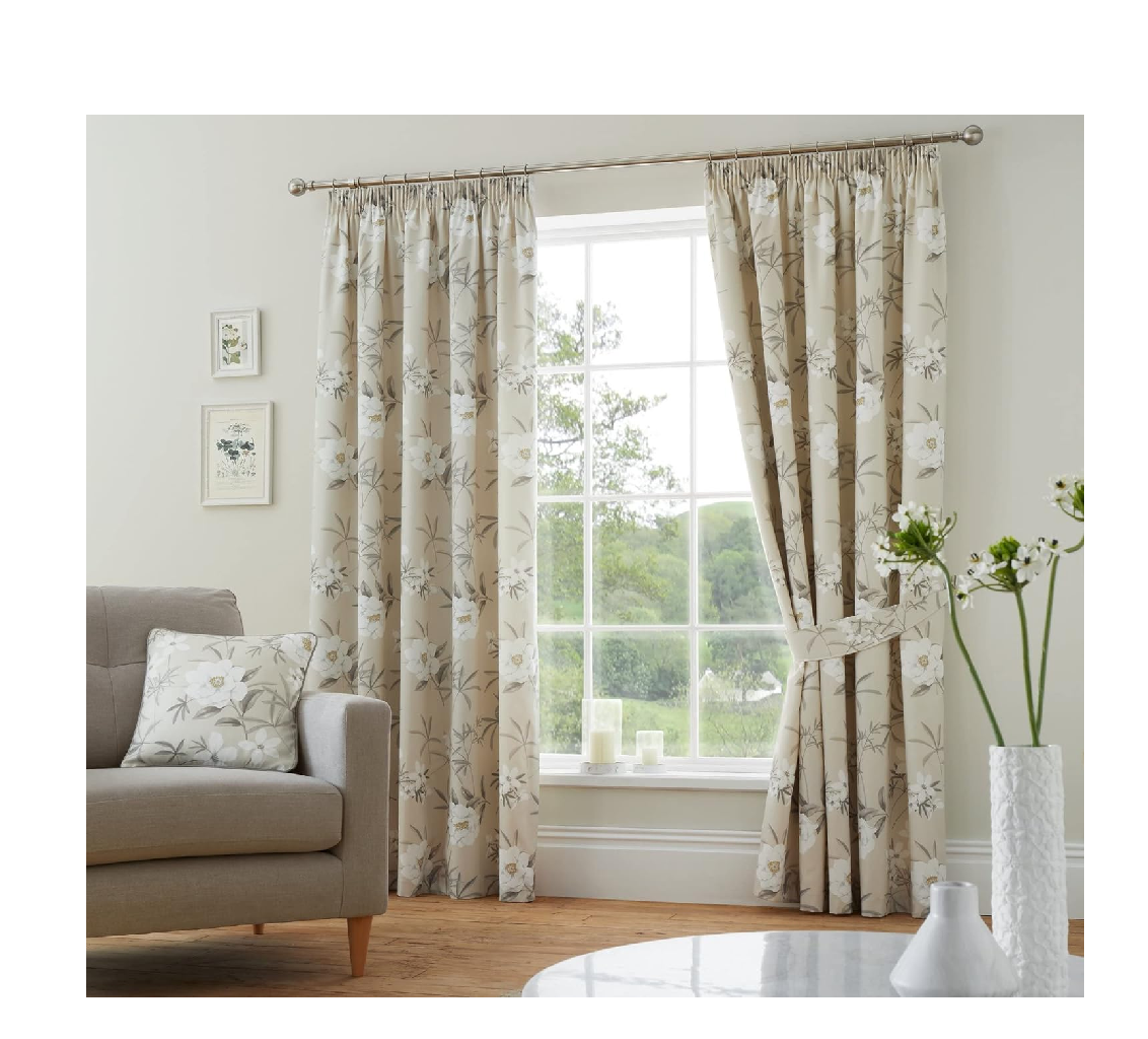 Duck Egg Floral Cotton Curtains 46x72" – Pencil Pleat Vintage Drapes with Tiebacks