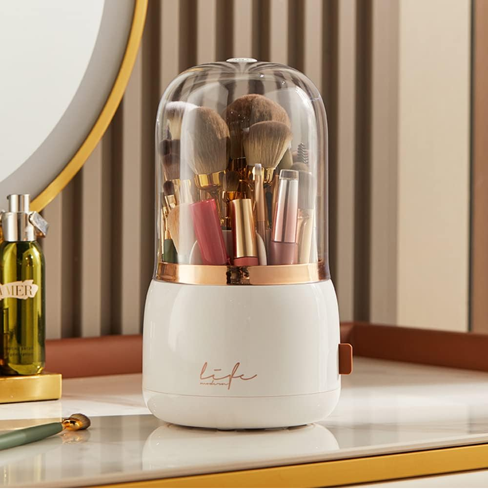 360° Rotating Makeup Organizer with Dustproof Lid – Acrylic Brush & Cosmetic Holder (White)